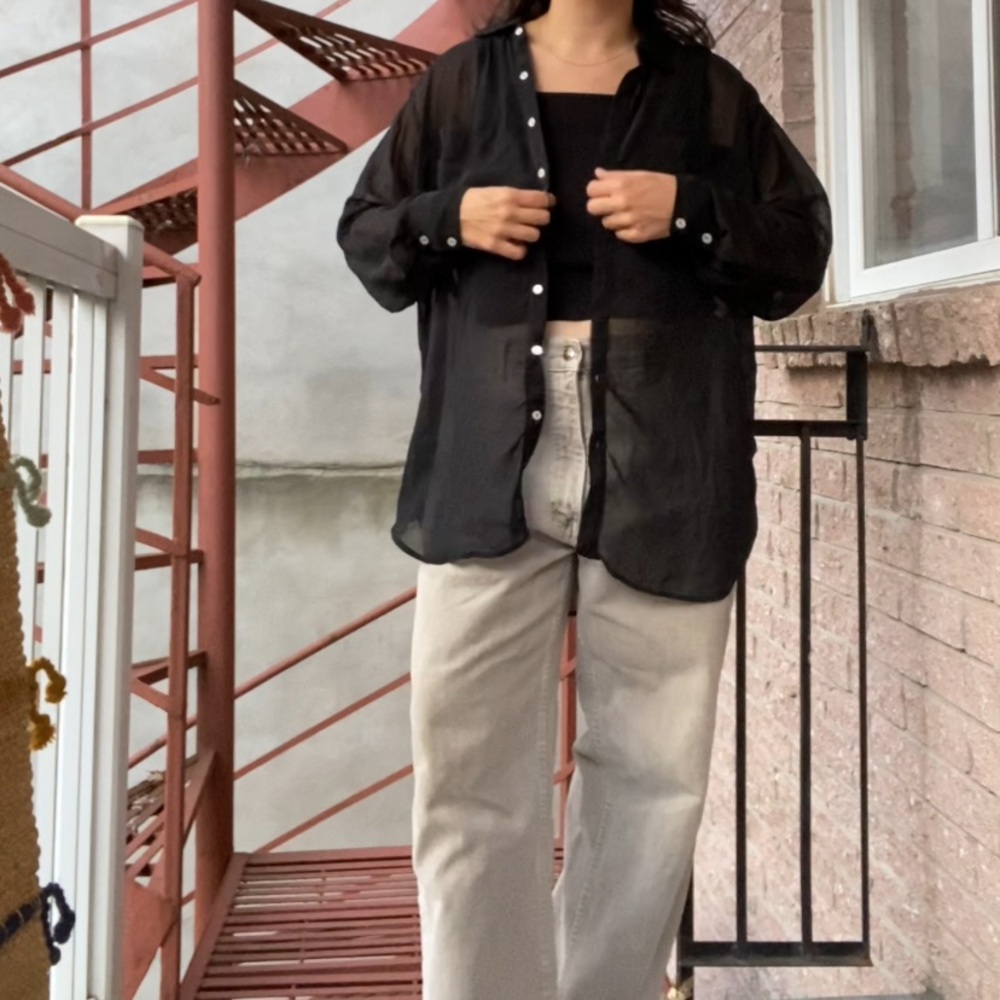 American Apparel One Size Black Chiffon Button Up